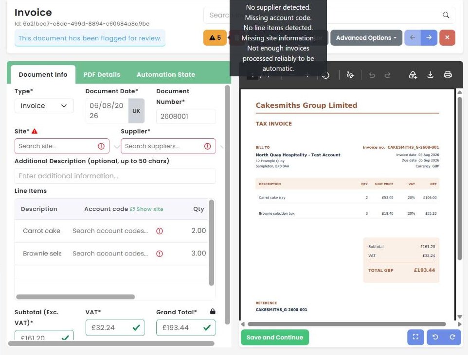 An Opsyte invoice review: the fields read from the invoice beside the original PDF