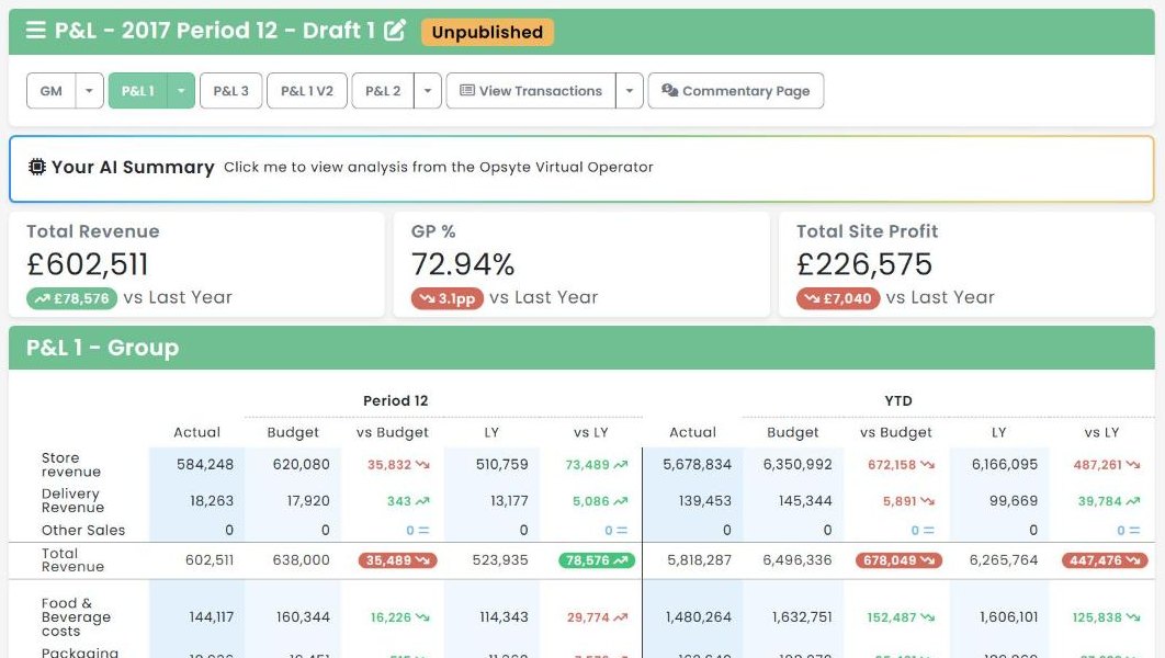 An Opsyte group P&L: actual, budget and last year for the period and the year to date